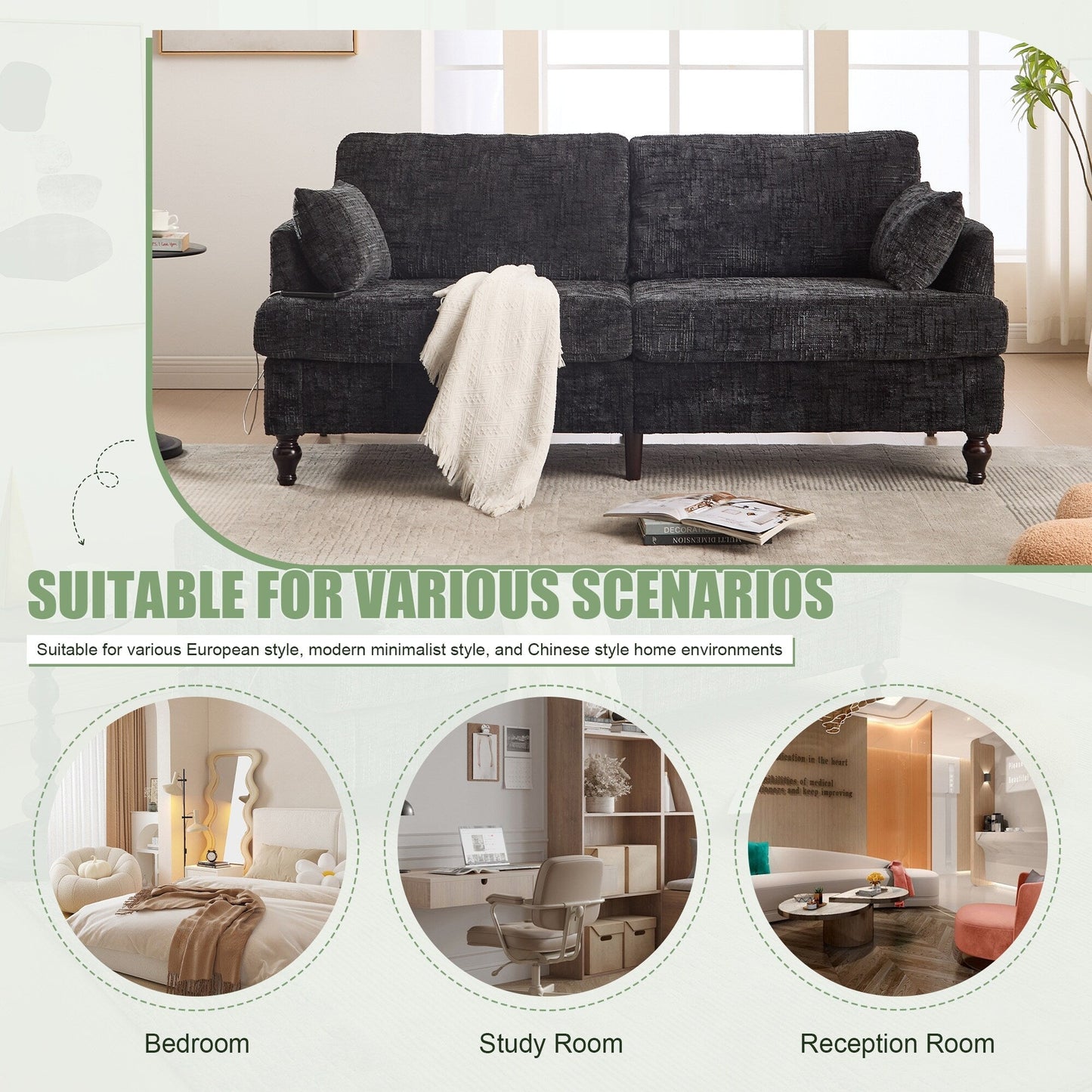 Canapé 2 places en chenille de style moderne avec pieds en bois, éclairage LED, port de chargement USB et sac de rangement, idéal pour le salon, la chambre à coucher ou le bureau.