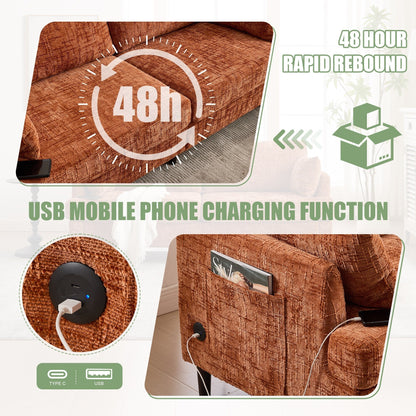 Canapé 2 places en chenille de style moderne avec pieds en bois, éclairage LED, port de chargement USB et sac de rangement, idéal pour le salon, la chambre à coucher ou le bureau.