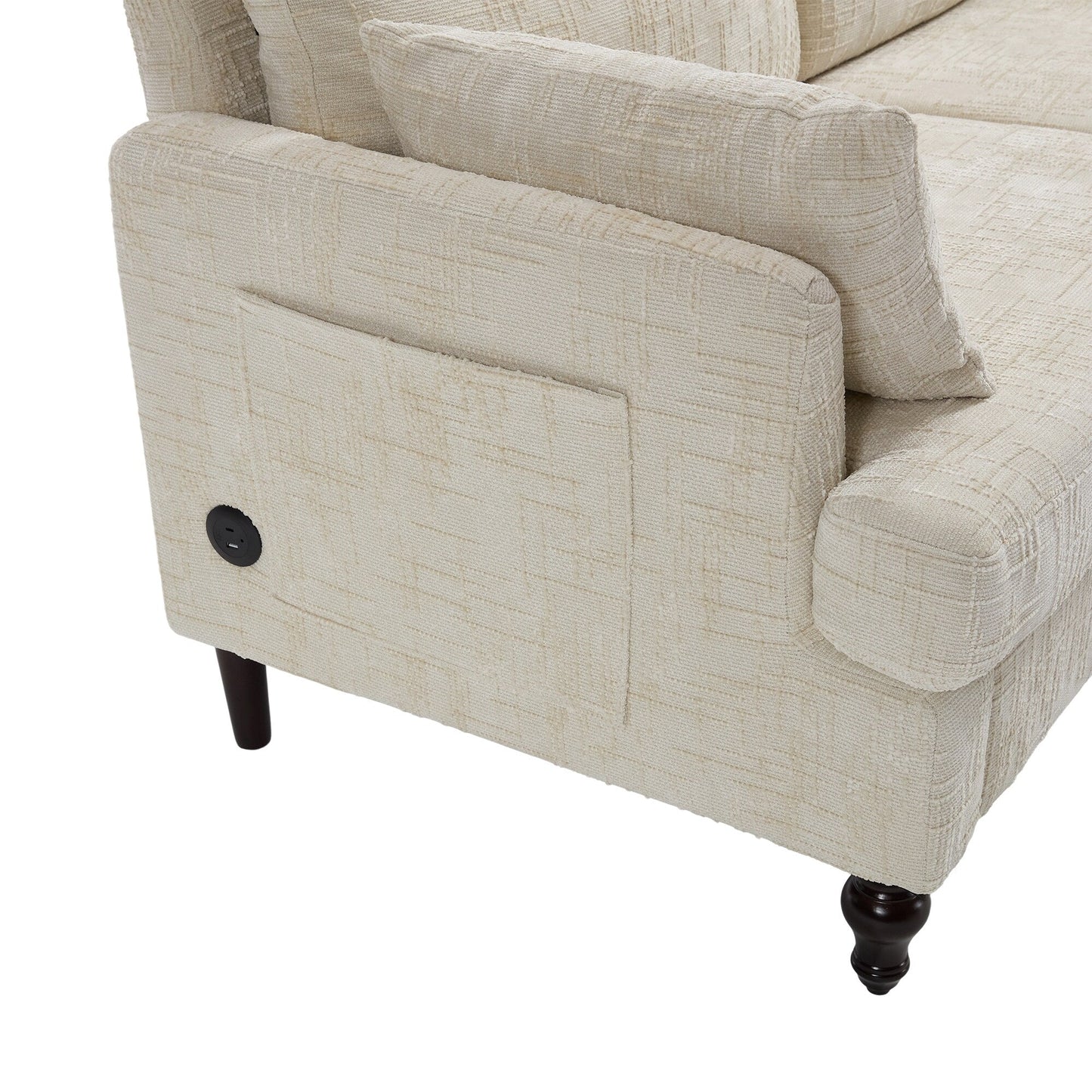 Canapé 2 places en chenille de style moderne avec pieds en bois, éclairage LED, port de chargement USB et sac de rangement, idéal pour le salon, la chambre à coucher ou le bureau.