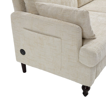 Canapé 2 places en chenille de style moderne avec pieds en bois, éclairage LED, port de chargement USB et sac de rangement, idéal pour le salon, la chambre à coucher ou le bureau.