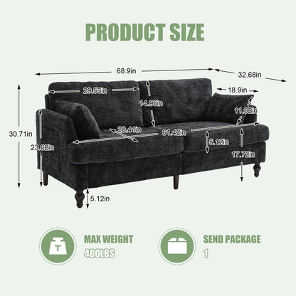 Canapé 2 places en chenille de style moderne avec pieds en bois, éclairage LED, port de chargement USB et sac de rangement, idéal pour le salon, la chambre à coucher ou le bureau.