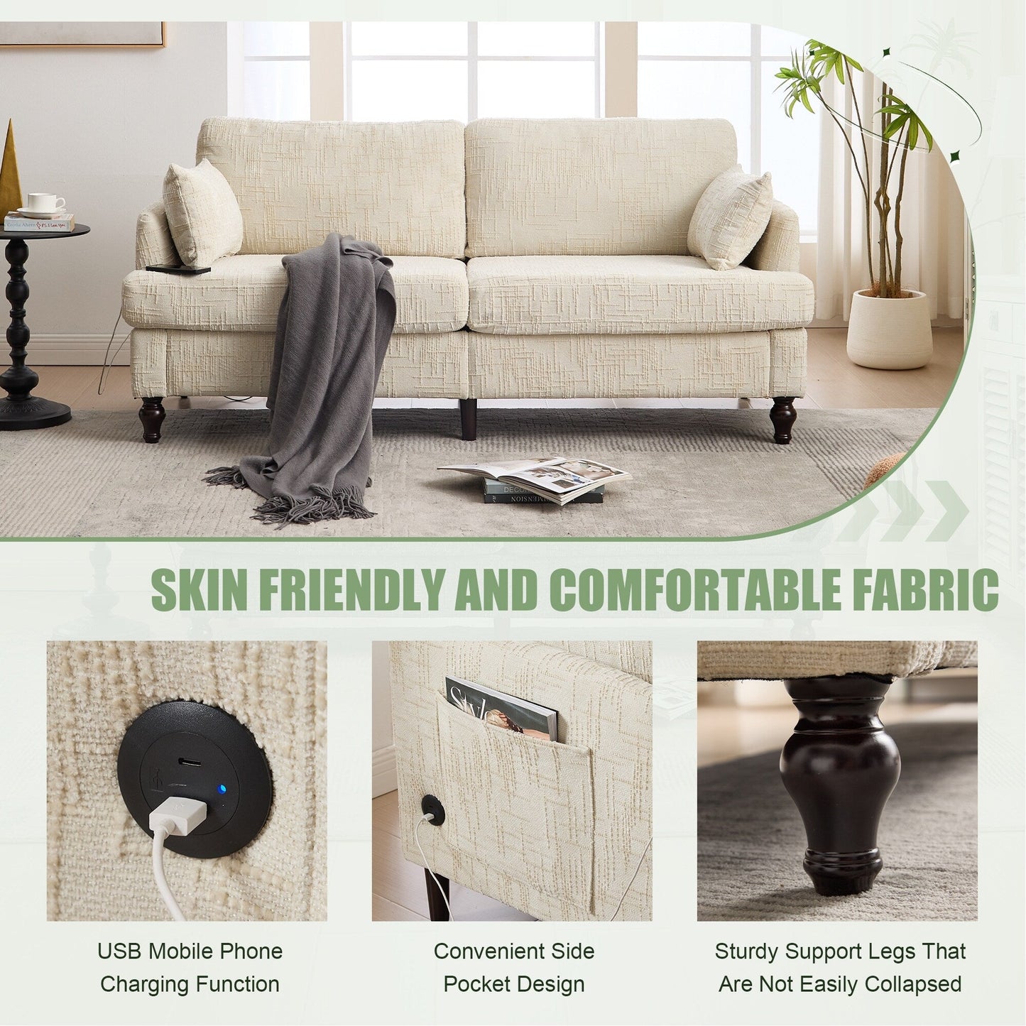 Canapé 2 places en chenille de style moderne avec pieds en bois, éclairage LED, port de chargement USB et sac de rangement, idéal pour le salon, la chambre à coucher ou le bureau.