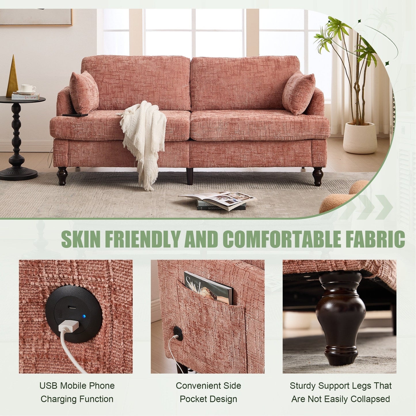 Canapé 2 places en chenille de style moderne avec pieds en bois, éclairage LED, port de chargement USB et sac de rangement, idéal pour le salon, la chambre à coucher ou le bureau.