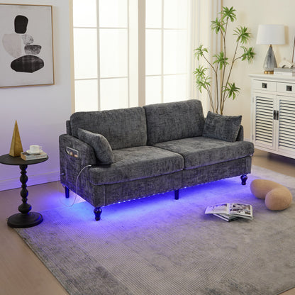 Canapé 2 places en chenille de style moderne avec pieds en bois, éclairage LED, port de chargement USB et sac de rangement, idéal pour le salon, la chambre à coucher ou le bureau.