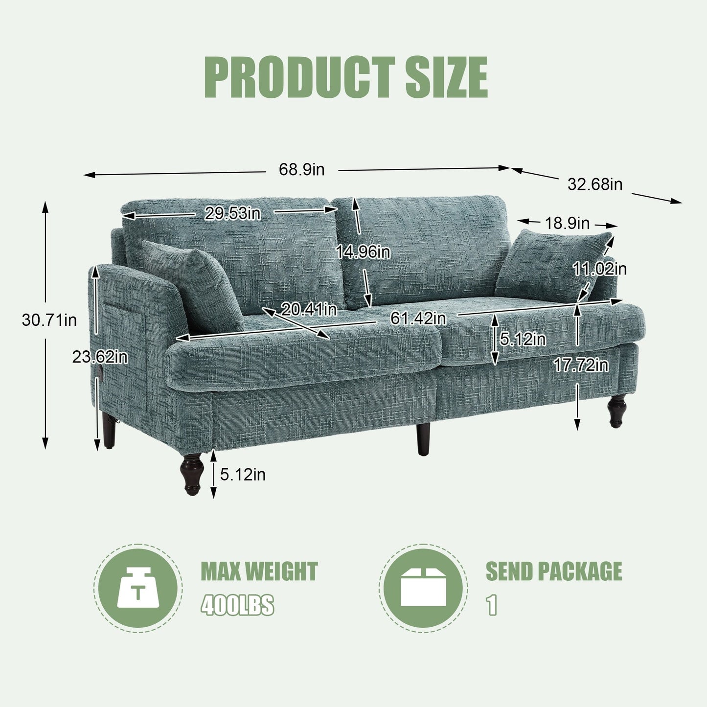 Canapé 2 places en chenille de style moderne avec pieds en bois, éclairage LED, port de chargement USB et sac de rangement, idéal pour le salon, la chambre à coucher ou le bureau.