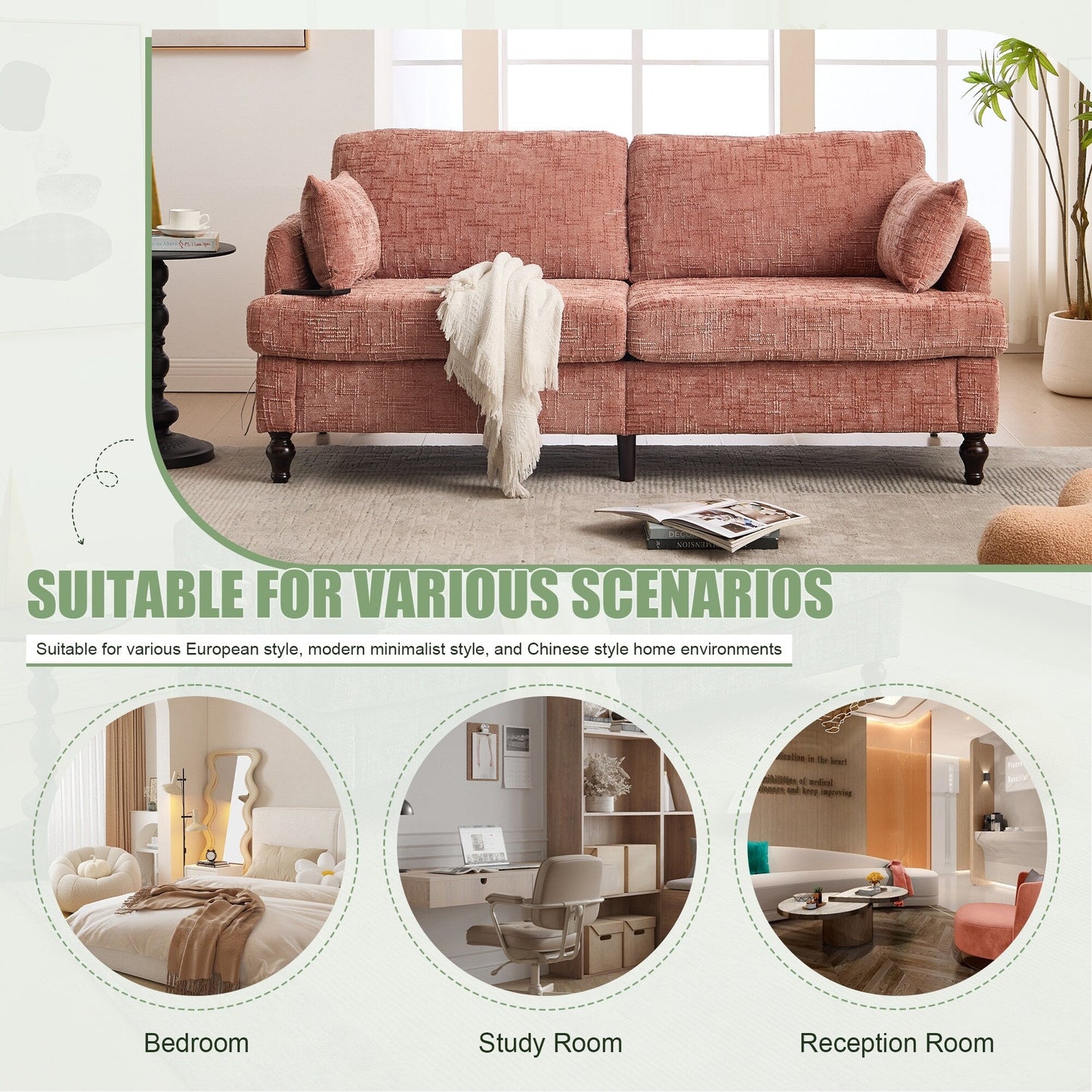 Canapé 2 places en chenille de style moderne avec pieds en bois, éclairage LED, port de chargement USB et sac de rangement, idéal pour le salon, la chambre à coucher ou le bureau.