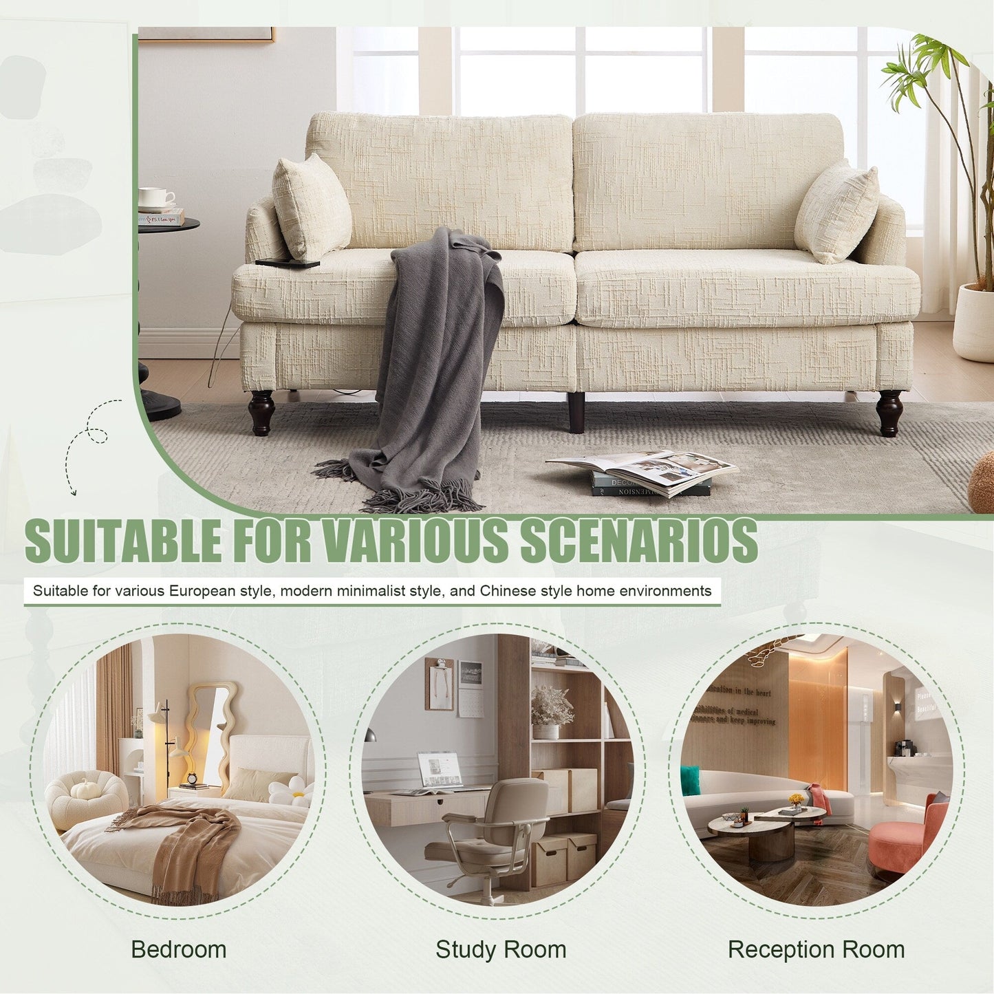 Canapé 2 places en chenille de style moderne avec pieds en bois, éclairage LED, port de chargement USB et sac de rangement, idéal pour le salon, la chambre à coucher ou le bureau.