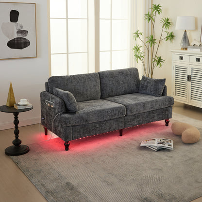 Canapé 2 places en chenille de style moderne avec pieds en bois, éclairage LED, port de chargement USB et sac de rangement, idéal pour le salon, la chambre à coucher ou le bureau.