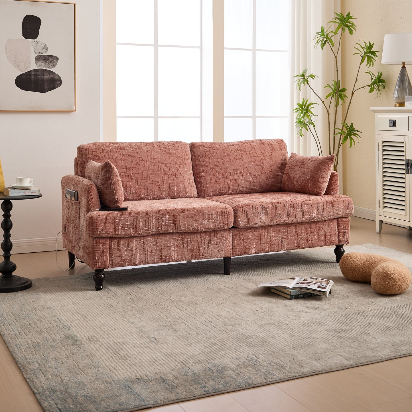 Canapé 2 places en chenille de style moderne avec pieds en bois, éclairage LED, port de chargement USB et sac de rangement, idéal pour le salon, la chambre à coucher, le bureau ou la salle d'étude.