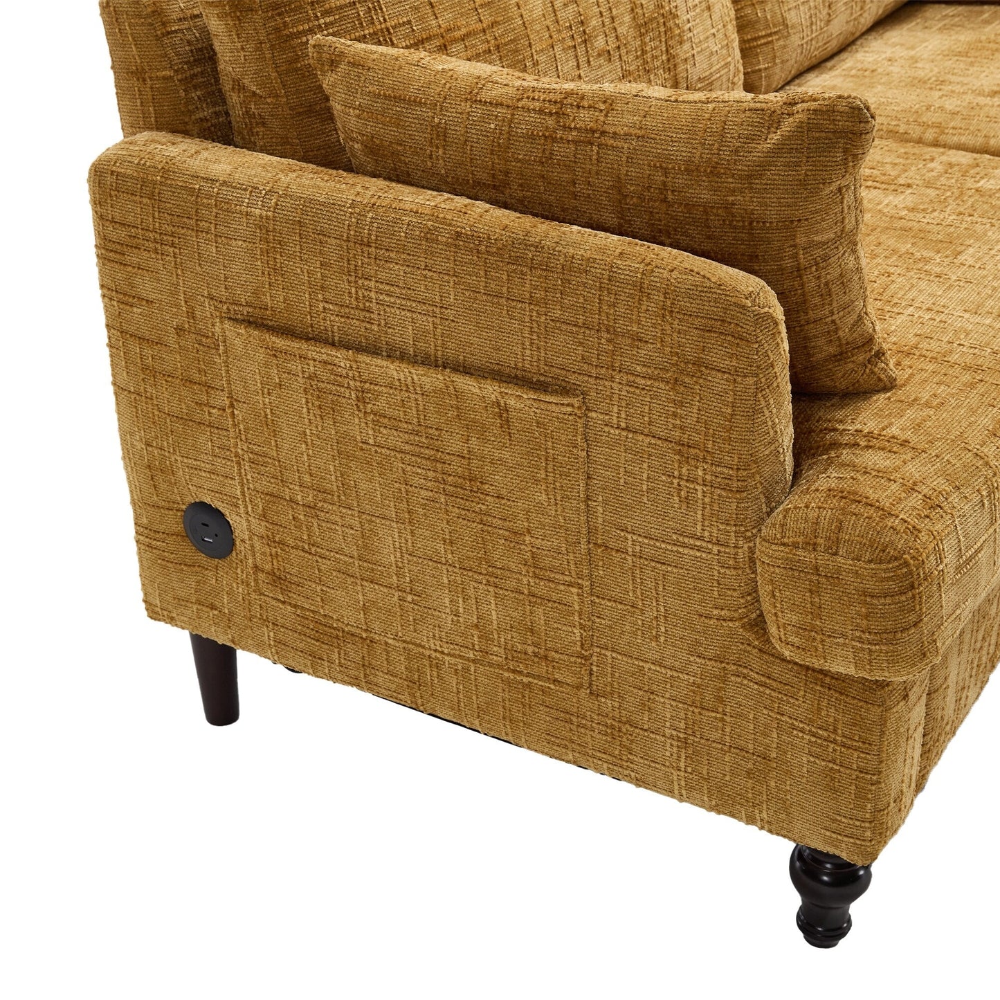 Canapé 2 places en chenille de style moderne avec pieds en bois, éclairage LED, port de chargement USB et sac de rangement, idéal pour le salon, la chambre à coucher, le bureau ou la salle d'étude.