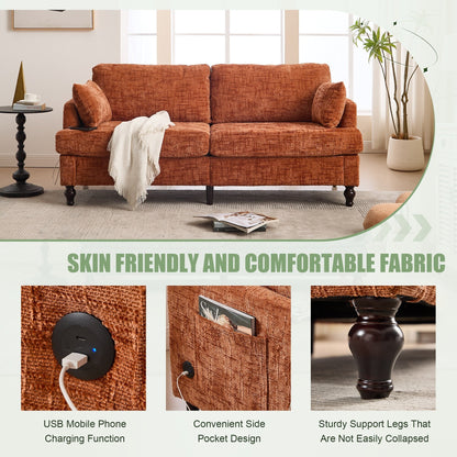 Canapé 2 places en chenille de style moderne avec pieds en bois, éclairage LED, port de chargement USB et sac de rangement, idéal pour le salon, la chambre à coucher, le bureau ou la salle d'étude.