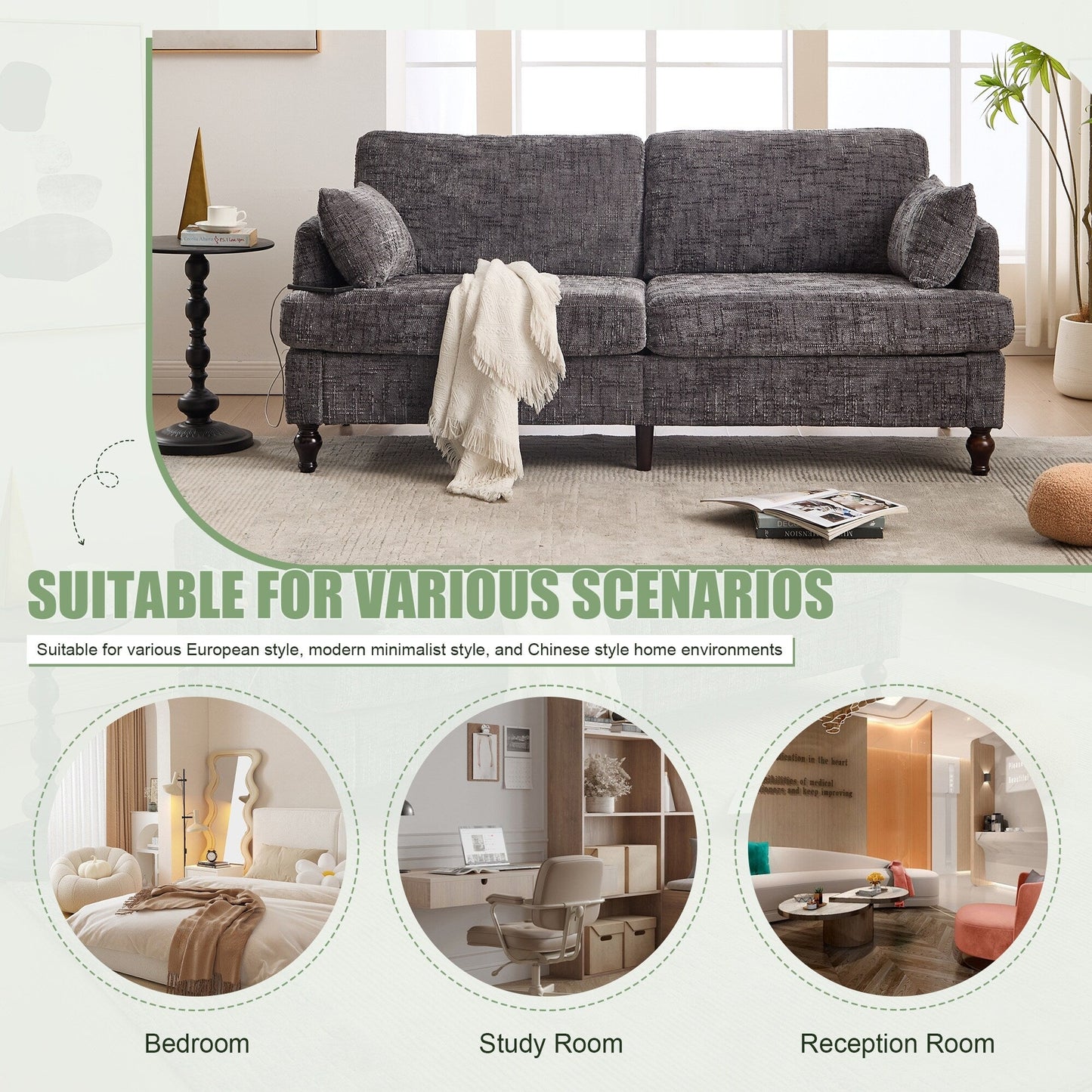 Canapé 2 places en chenille de style moderne avec pieds en bois, éclairage LED, port de chargement USB et sac de rangement, idéal pour le salon, la chambre à coucher, le bureau ou la salle d'étude.