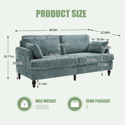 Canapé 2 places en chenille de style moderne avec pieds en bois, éclairage LED, port de chargement USB et sac de rangement, idéal pour le salon, la chambre à coucher, le bureau ou la salle d'étude.