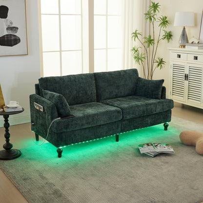 Canapé 2 places en chenille de style moderne avec pieds en bois, éclairage LED, port de chargement USB et sac de rangement, idéal pour le salon, la chambre à coucher, le bureau ou la salle d'étude.