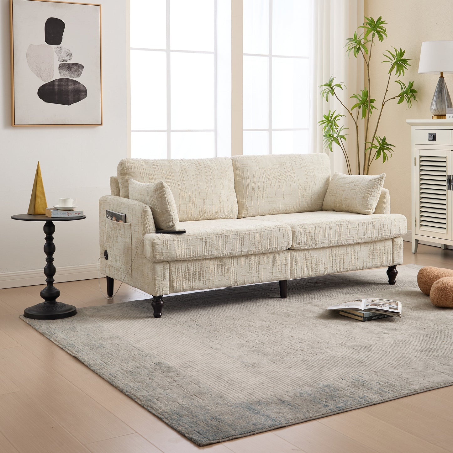 Canapé 2 places en chenille de style moderne avec pieds en bois, éclairage LED, port de chargement USB et sac de rangement, idéal pour le salon, la chambre à coucher, le bureau ou la salle d'étude.