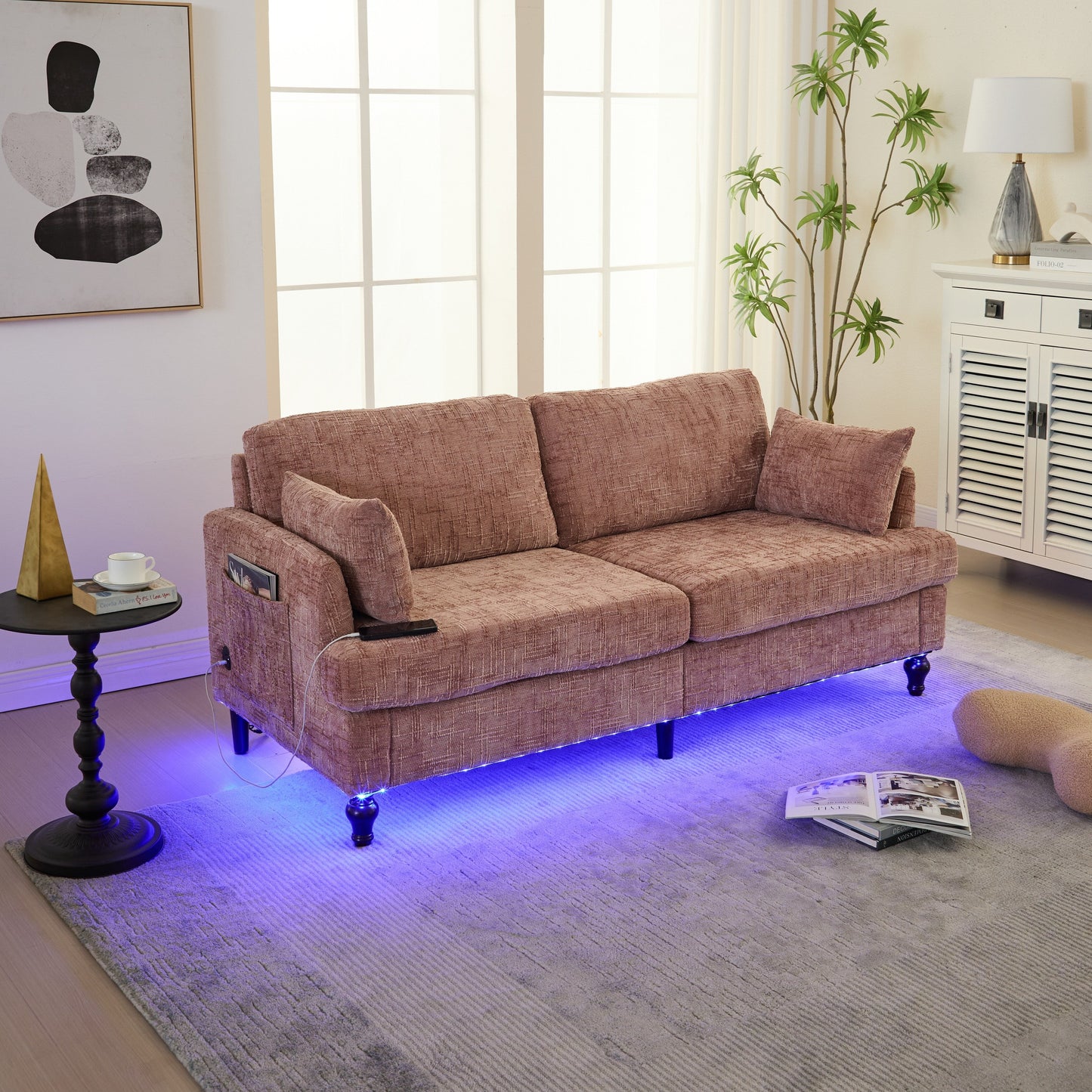 Canapé 2 places en chenille de style moderne avec pieds en bois, éclairage LED, port de chargement USB et sac de rangement, idéal pour le salon, la chambre à coucher, le bureau ou la salle d'étude.