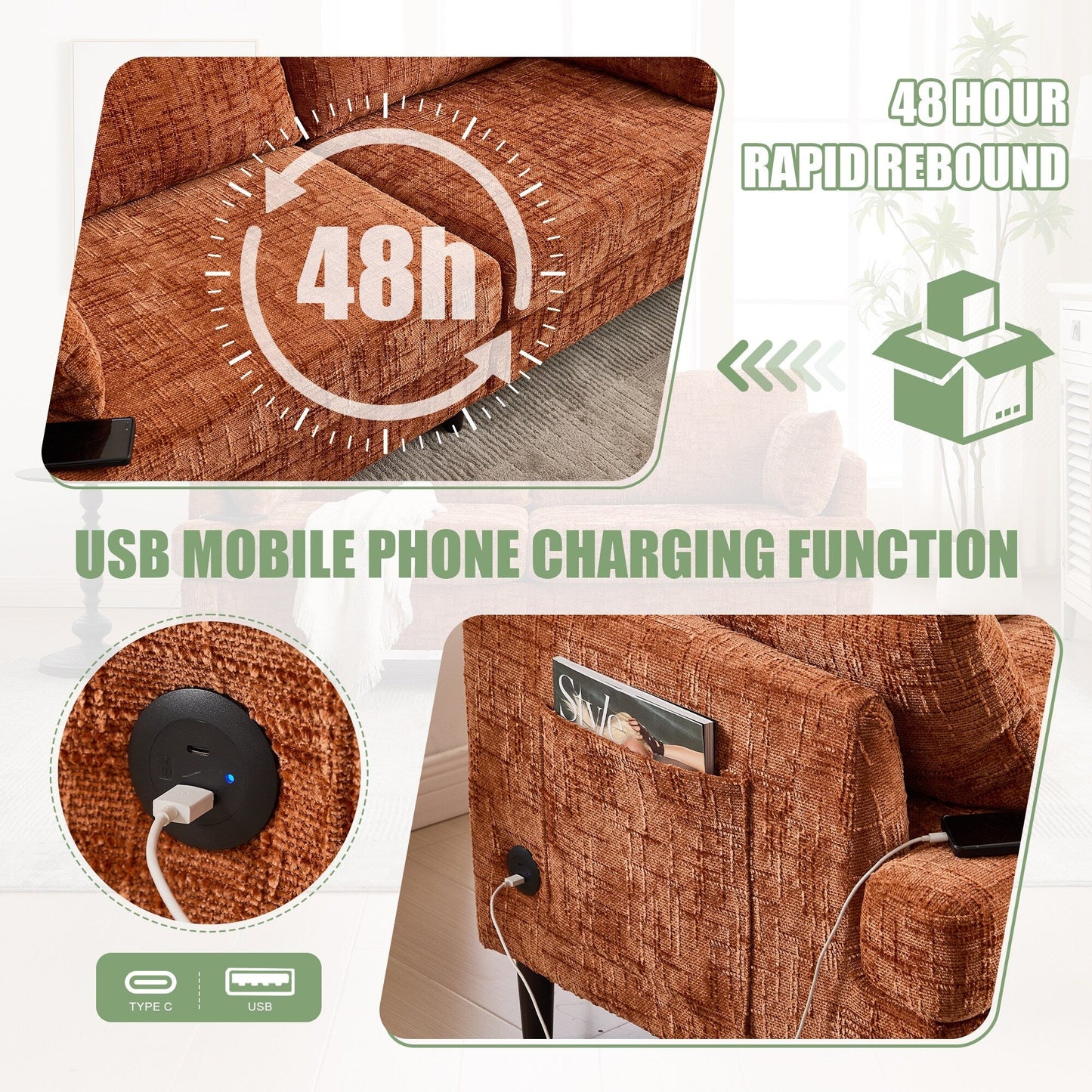 Canapé 2 places en chenille de style moderne avec pieds en bois, éclairage LED, port de chargement USB et sac de rangement, idéal pour le salon, la chambre à coucher, le bureau ou la salle d'étude.