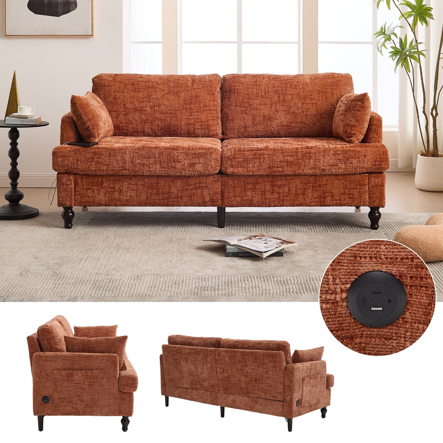 Canapé 2 places en chenille de style moderne avec pieds en bois, éclairage LED, port de chargement USB et sac de rangement, idéal pour le salon, la chambre à coucher, le bureau ou la salle d'étude.