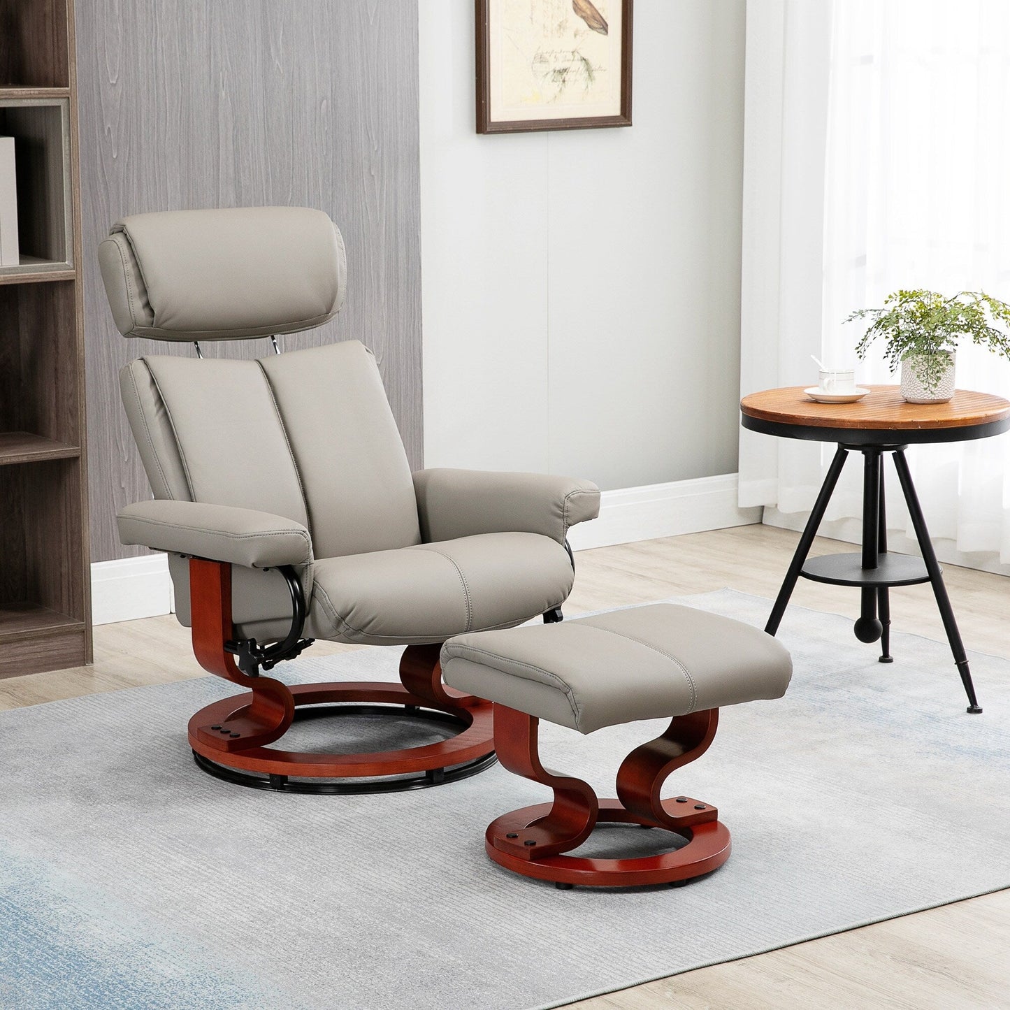 Fauteuil inclinable pivotant moderne en similicuir avec repose-pieds, base en bois et appui-tête réglable pour salon et bureau
