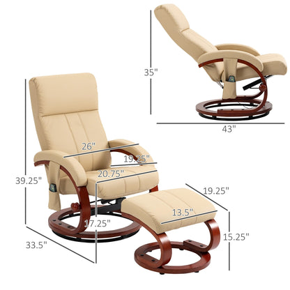 Fauteuil inclinable de massage pivotant moderne en cuir avec base en bois et repose-pieds, vibration à 10 points, 5 modes, télécommande et poche latérale