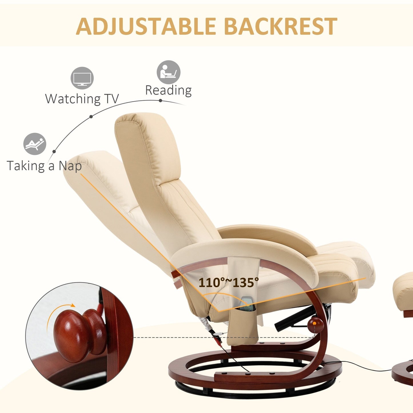 Fauteuil inclinable de massage pivotant moderne en cuir avec base en bois et repose-pieds, vibration à 10 points, 5 modes, télécommande et poche latérale