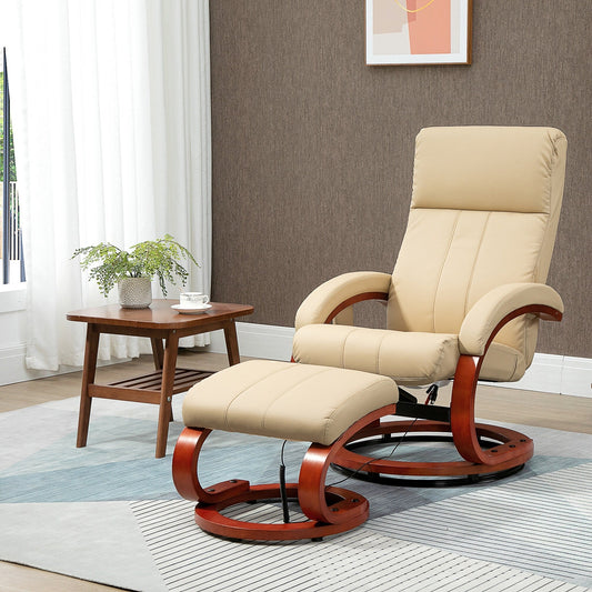 Fauteuil inclinable de massage pivotant moderne en cuir avec base en bois et repose-pieds, vibration à 10 points, 5 modes, télécommande et poche latérale