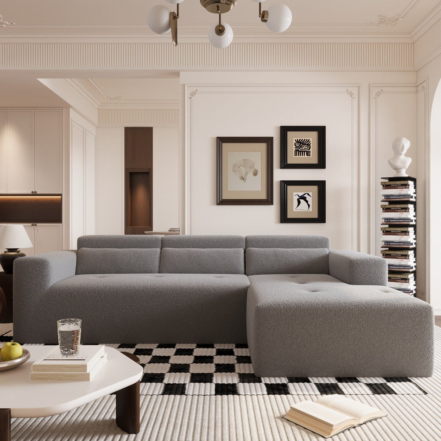 Canapé sectionnel moderne en tissu Teddy en forme de L, canapé 3 places avec méridienne et oreillers pour salon et appartement