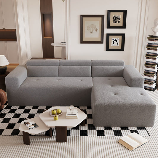 Canapé sectionnel moderne en tissu Teddy en forme de L, canapé 3 places avec méridienne et oreillers pour salon et appartement