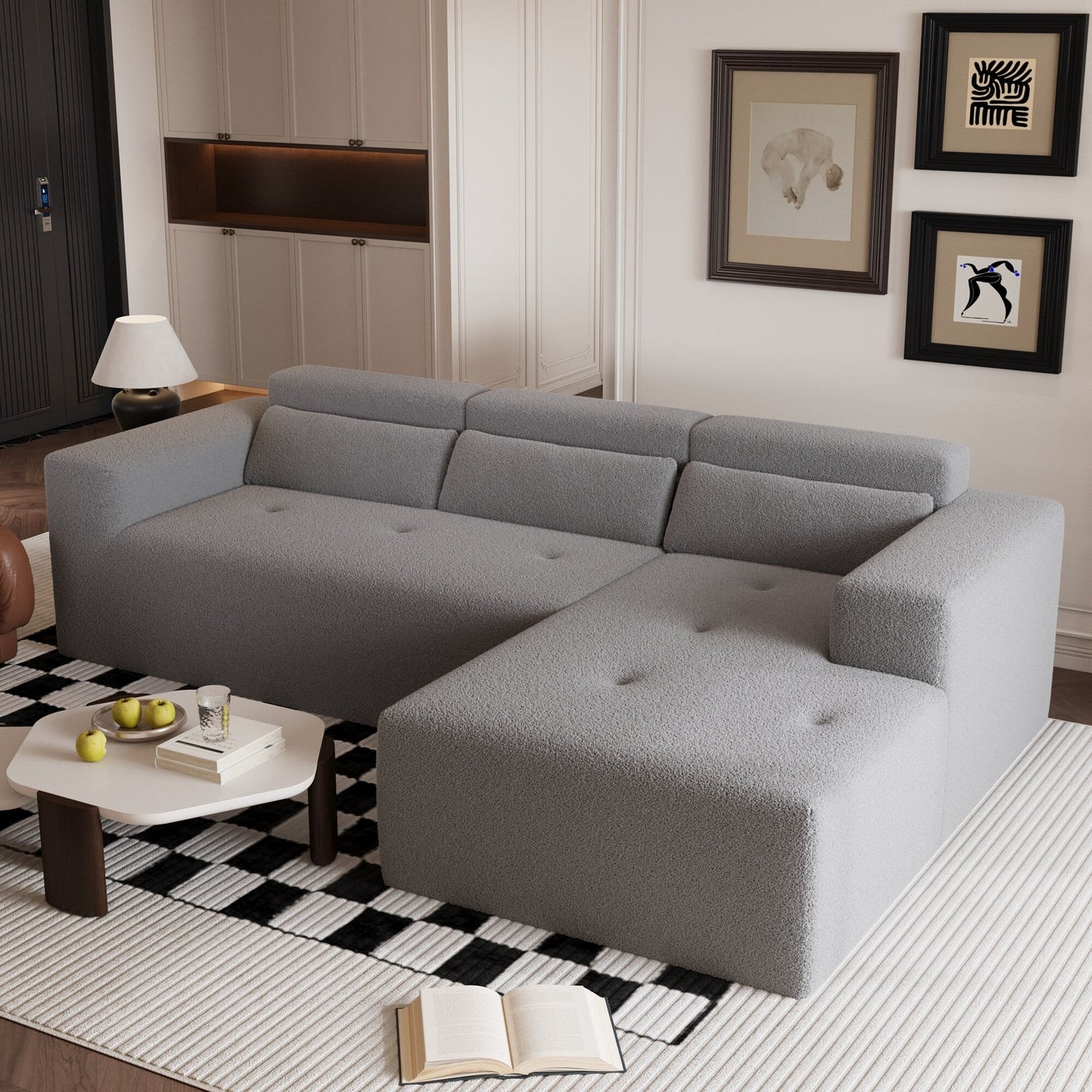 Canapé sectionnel moderne en tissu Teddy en forme de L, canapé 3 places avec méridienne et oreillers pour salon et appartement