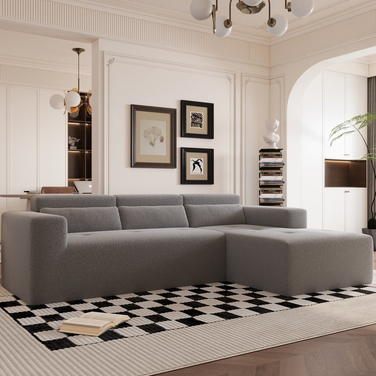 Canapé sectionnel moderne en tissu Teddy en forme de L, canapé 3 places avec méridienne et oreillers pour salon et appartement