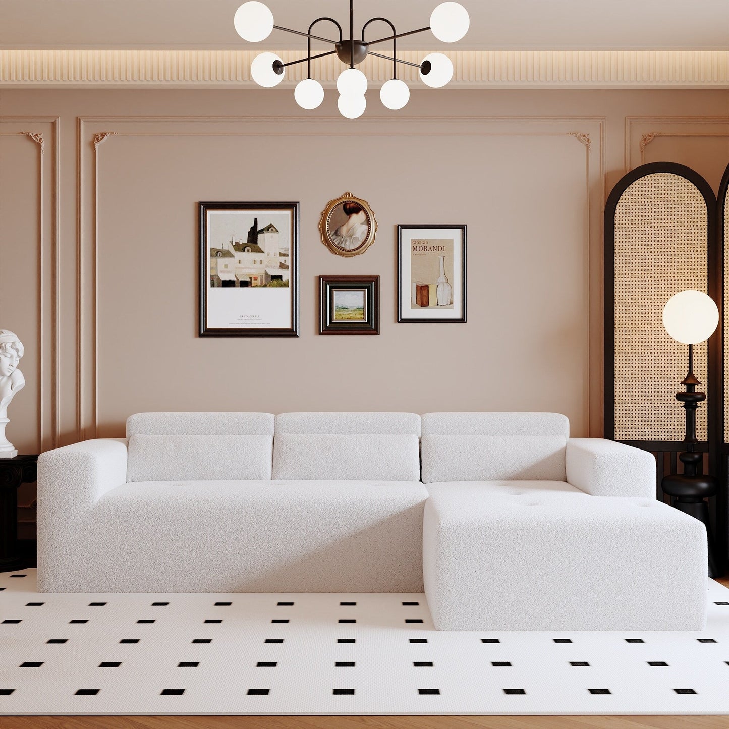 Canapé sectionnel moderne en tissu Teddy en forme de L, canapé 3 places avec méridienne et oreillers pour salon et appartement