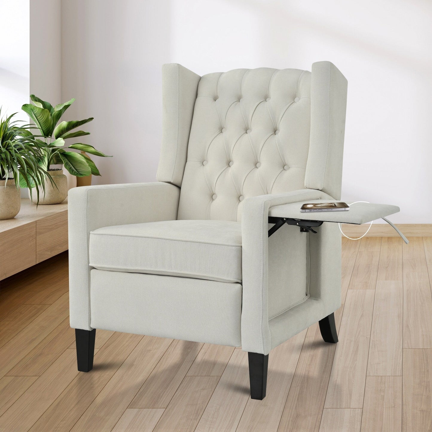 Fauteuil inclinable moderne capitonné avec table d'appoint pliable et ports de chargement USB pour salon ou chambre