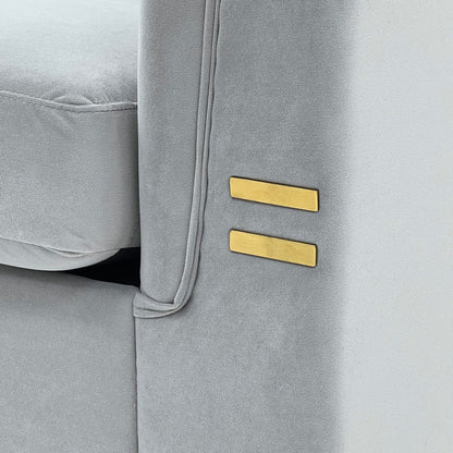 Canapé moderne en velours capitonné, canapé 3 places style milieu de siècle, pieds et coussins en métal doré, élégant canapé de style Chesterfield.