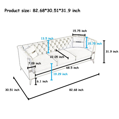 Canapé moderne en velours capitonné, canapé 3 places style milieu de siècle, pieds et coussins en métal doré, élégant canapé de style Chesterfield.