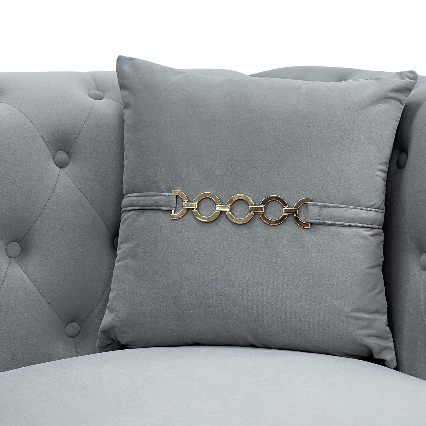 Canapé moderne en velours capitonné, canapé 3 places style milieu de siècle, pieds et coussins en métal doré, élégant canapé de style Chesterfield.