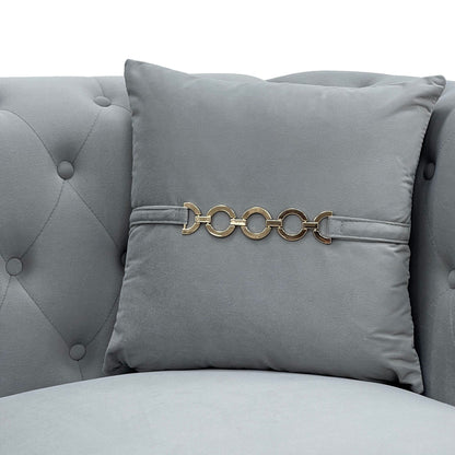 Canapé moderne en velours capitonné, canapé 3 places style milieu de siècle, pieds et coussins en métal doré, élégant canapé de style Chesterfield.