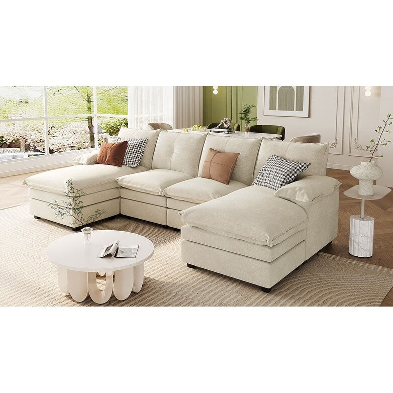 Canapé modulaire moderne en chenille en forme de U, canapé sectionnel 6 places avec dossier capitonné et coussins d'accoudoirs réglables