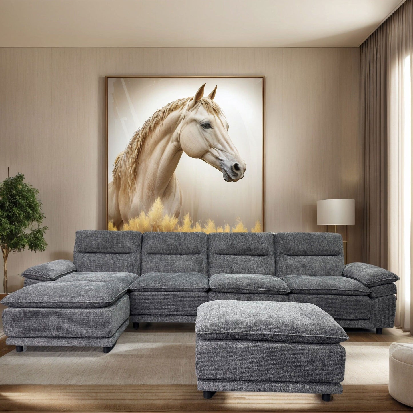 Canapé modulable sectionnel moderne en forme de U, canapé-lit 6 places avec méridienne et pouf pour salon