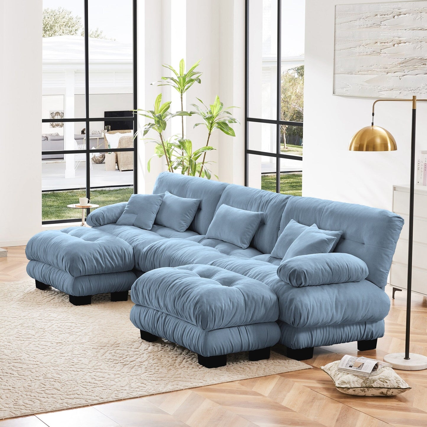 Canapé modulaire sectionnel moderne en forme de U, sièges profonds, avec 2 poufs et coussins décoratifs pour le salon