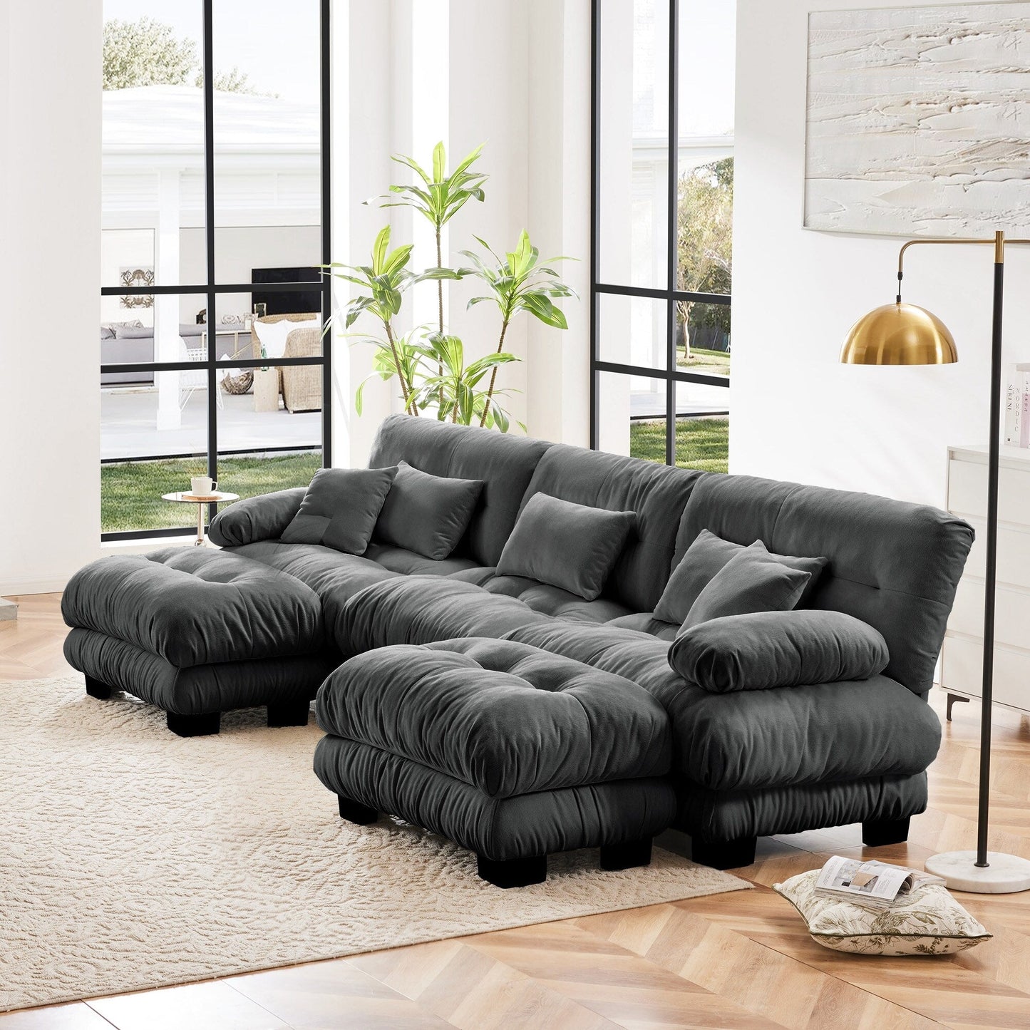 Canapé modulaire sectionnel moderne en forme de U, sièges profonds, avec 2 poufs et coussins décoratifs pour le salon