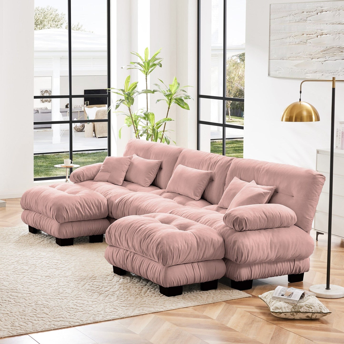 Canapé modulaire sectionnel moderne en forme de U, sièges profonds, avec 2 poufs et coussins décoratifs pour le salon