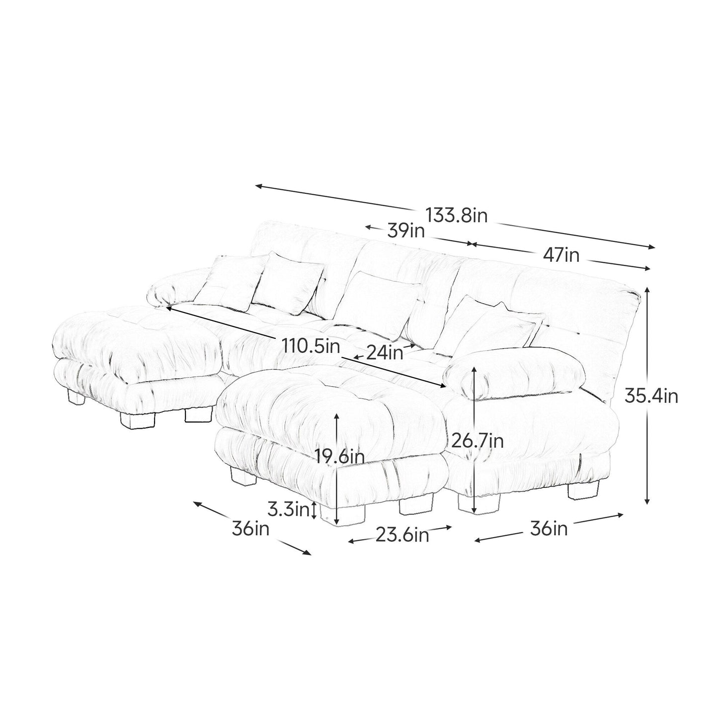 Canapé modulaire sectionnel moderne en forme de U, sièges profonds, avec 2 poufs et coussins décoratifs pour le salon