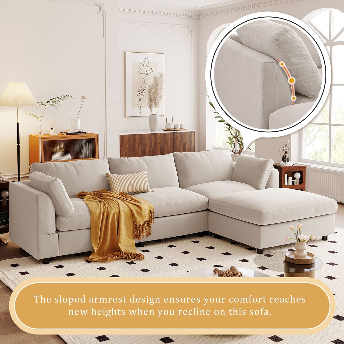 Canapé sectionnel convertible en L rembourré moderne avec repose-pieds réglable et méridienne réversible pour salon