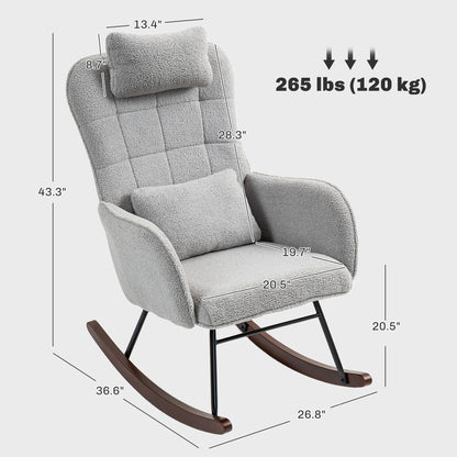 Fauteuil à bascule rembourré moderne pour chambre d'enfant avec dossier haut, appui-tête et coussin lombaire pour salon ou chambre