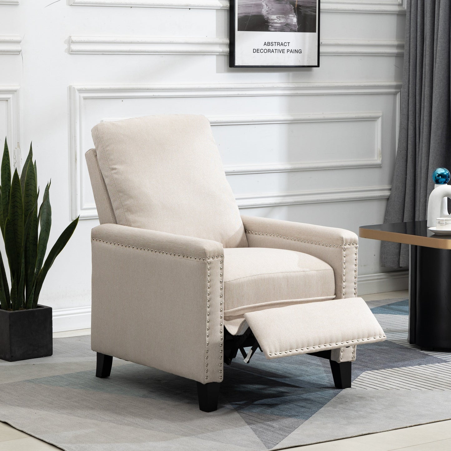 Fauteuil inclinable manuel moderne en velours avec coussins et décoration cloutée