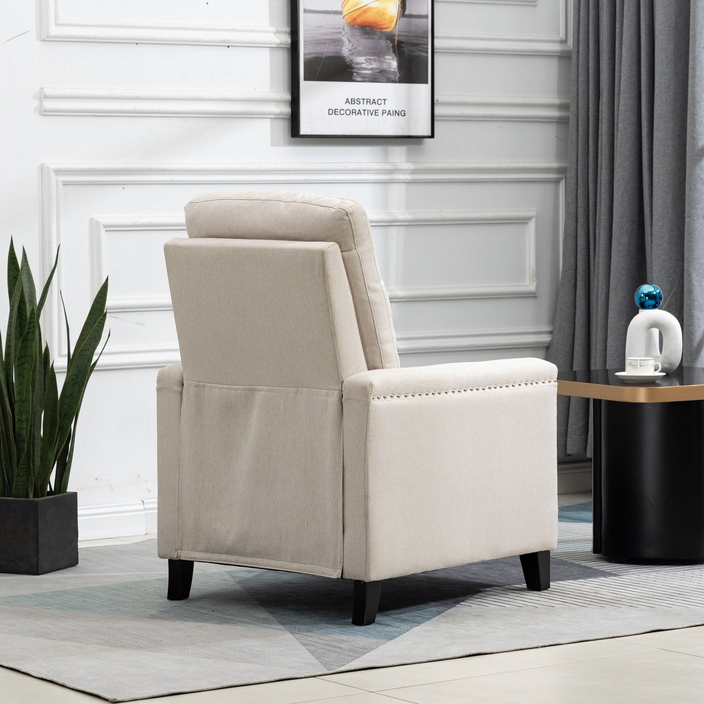 Fauteuil inclinable manuel moderne en velours avec coussins et décoration cloutée