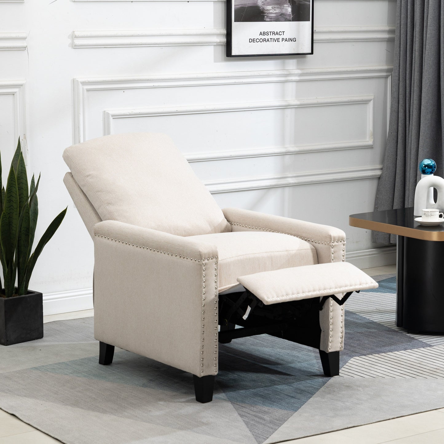 Fauteuil inclinable manuel moderne en velours avec coussins et décoration cloutée