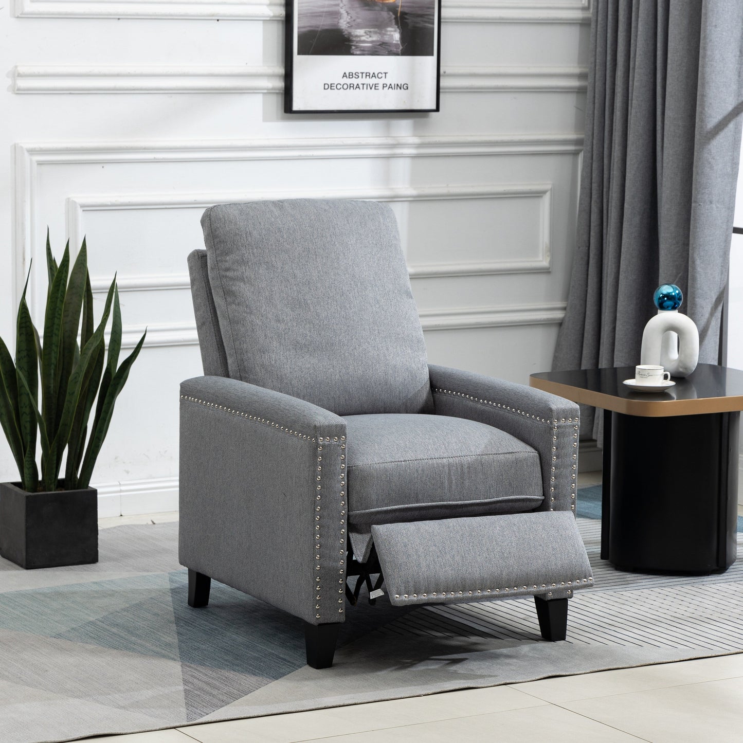 Fauteuil inclinable manuel moderne en velours avec coussins et décoration cloutée