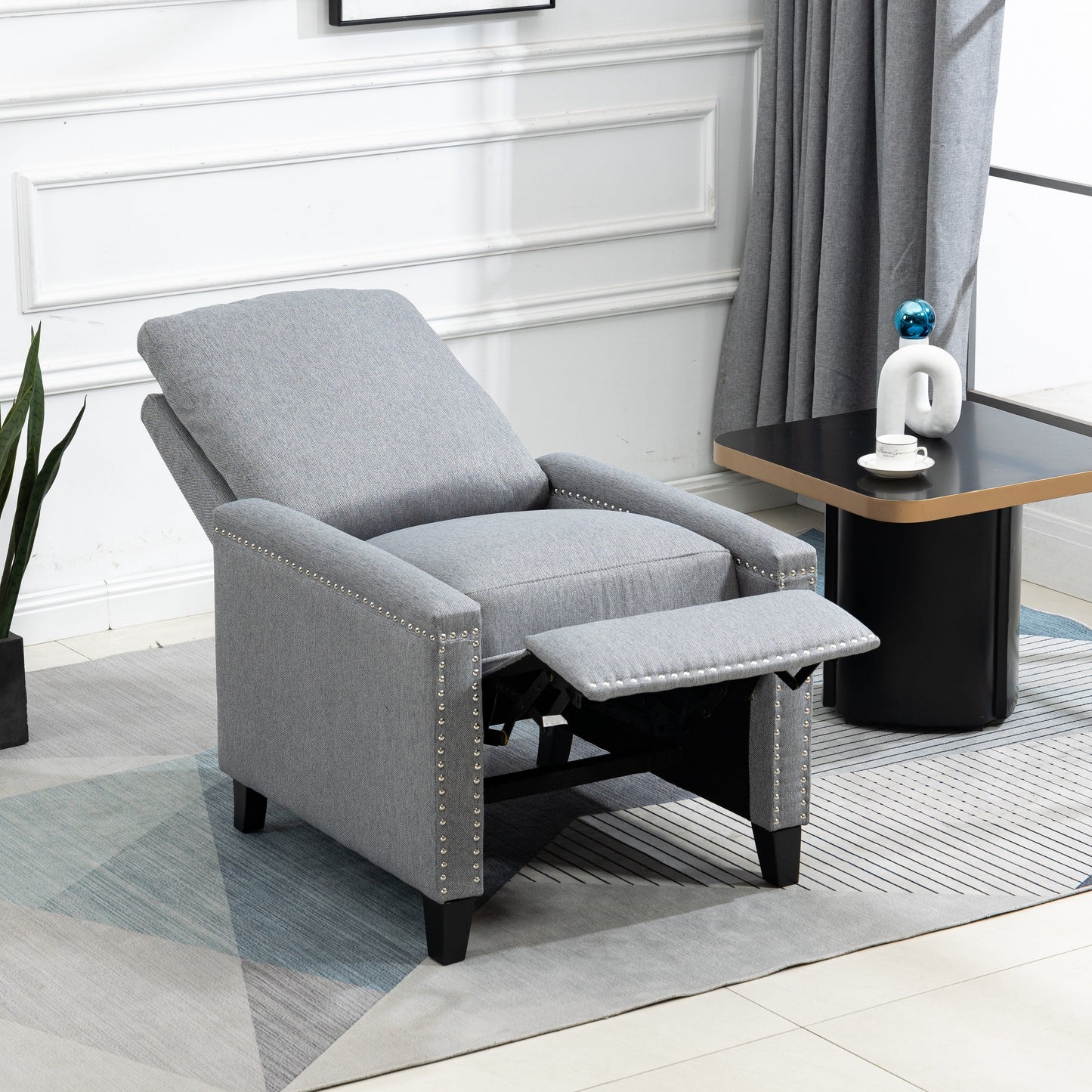 Fauteuil inclinable manuel moderne en velours avec coussins et décoration cloutée