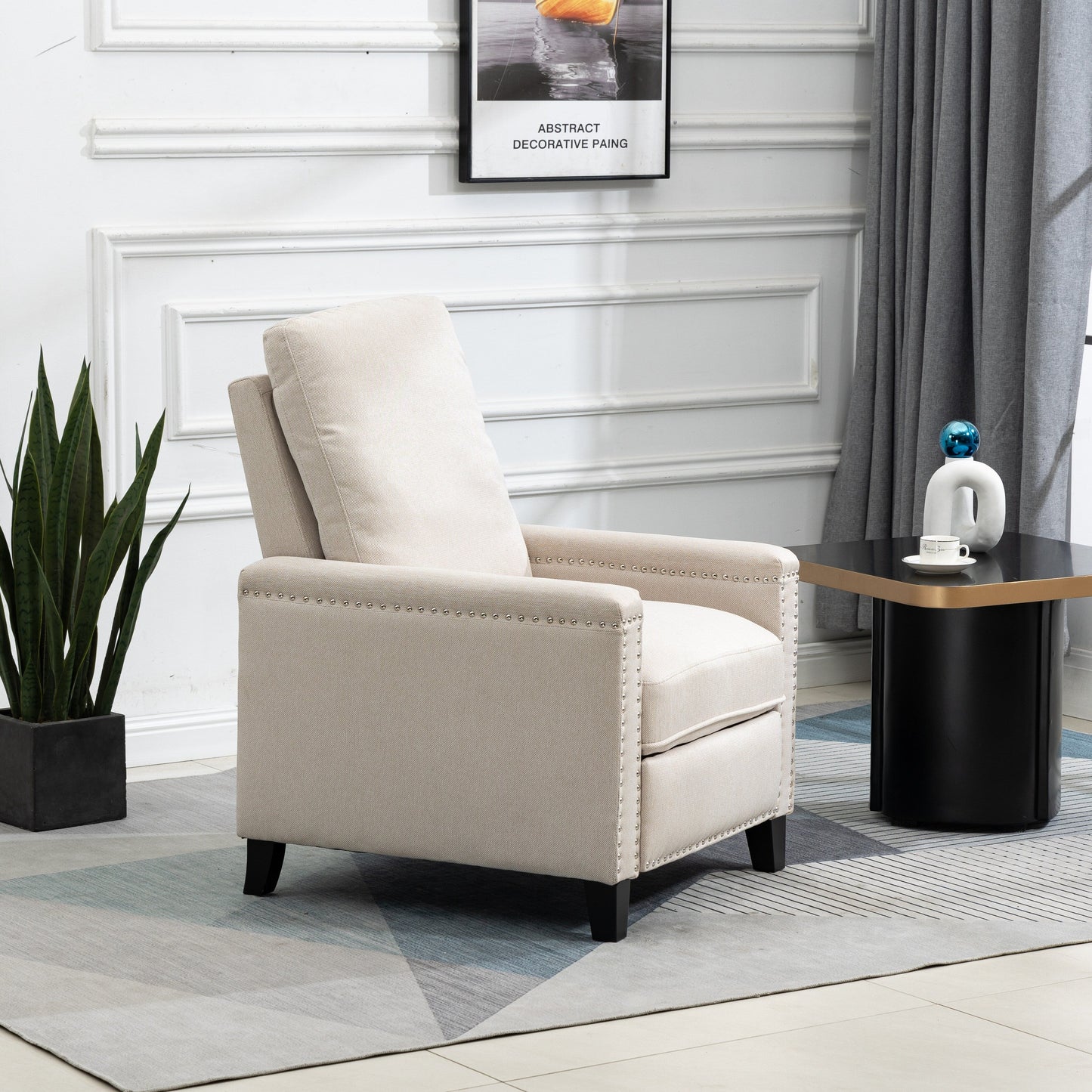 Fauteuil inclinable manuel moderne en velours avec coussins et décoration cloutée